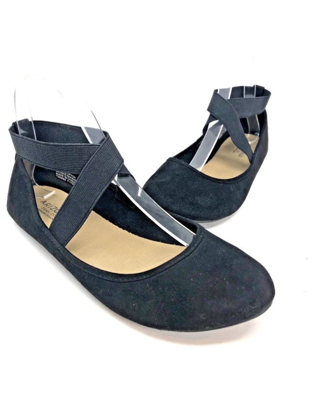 Arizona Shoes Women 9M Maybell Black Faux Suede Ballet Flats Ankle Strap Stretch